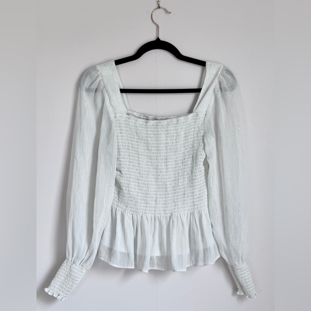 Nine West Smocked Peplum Top White Sheer Puff Sleeve Romantic Blouse Size Large
